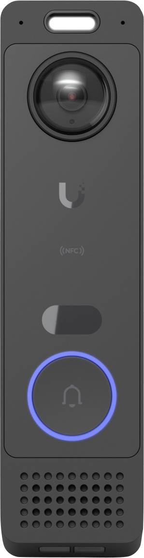 Campanello video nero sottile con obiettivo della fotocamera, pulsante di chiamata illuminato in blu e griglia dell'altoparlante.