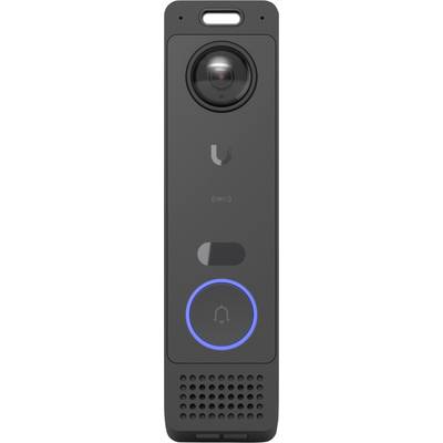 Campanello video nero sottile con obiettivo della fotocamera, pulsante di chiamata illuminato in blu e griglia dell'altoparlante.