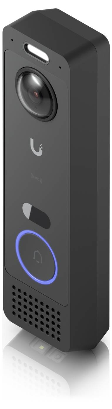 Campanello intelligente rettangolare nero con fotocamera, grande obiettivo, pulsante circolare illuminato in blu, griglia dell'altoparlante e marchio U.