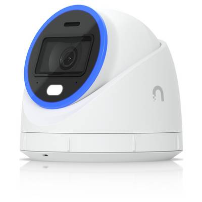 Telecamera di sicurezza con cupola bianca, obiettivo nero e anello blu, mostrata in una vista di stile prodotto su sfondo neutro.