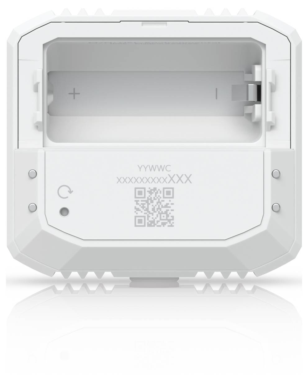Dispositivo bianco montato a parete o parte anteriore del termostato con vano batterie aperto che mostra i contrassegni + e - e un codice QR sul pannello inferiore.