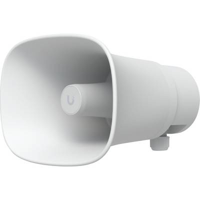 Altoparlante a tromba esterno bianco o speaker per impianto audio pubblico mostrato in vista laterale su sfondo bianco.