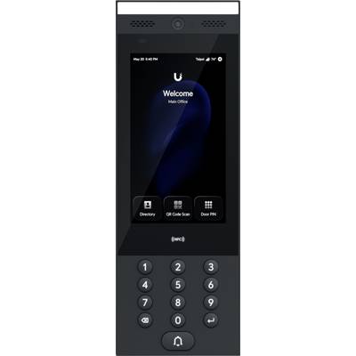 Uno schermo di tastiera per il controllo di accesso scuro mostra un messaggio di benvenuto per "Ufficio Principale" con pulsanti per Rubrica, Scansione Codice QR e PIN Porta, sopra una tastiera numerica.
