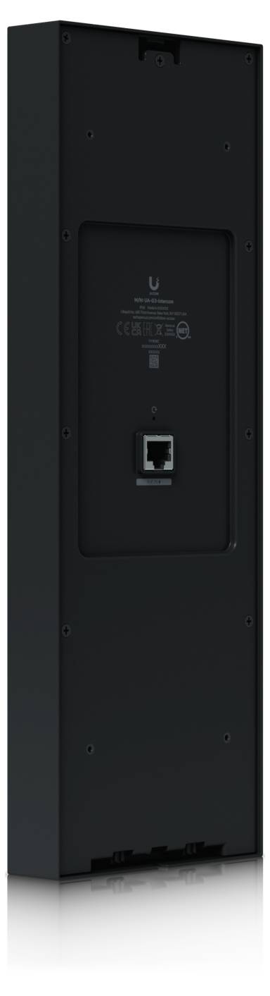 Vista posteriore di un dispositivo di rete Ubiquiti nero montato a parete con porta Ethernet centralizzata e pannello di montaggio.