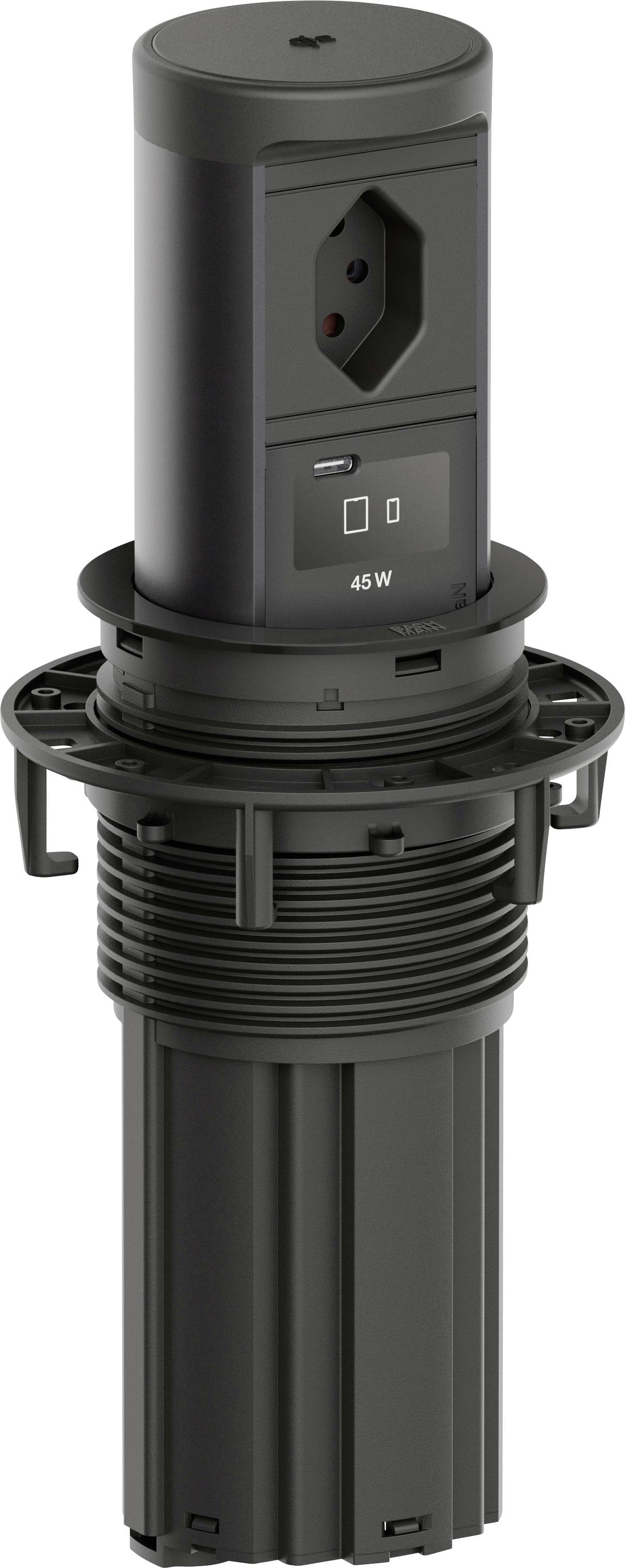 Una presa di corrente da incasso nel pavimento cilindrica nera da 45W con coperchio a scomparsa e pannello laterale con porta, mostrata su un anello di montaggio.