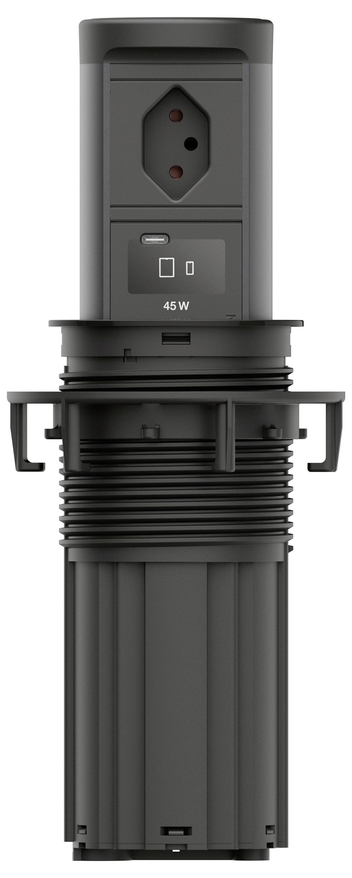 Modulo presa elettrica cilindrico nero con sezione di ricarica USB-C/USB da 45 W e staffa di montaggio, vista frontale.