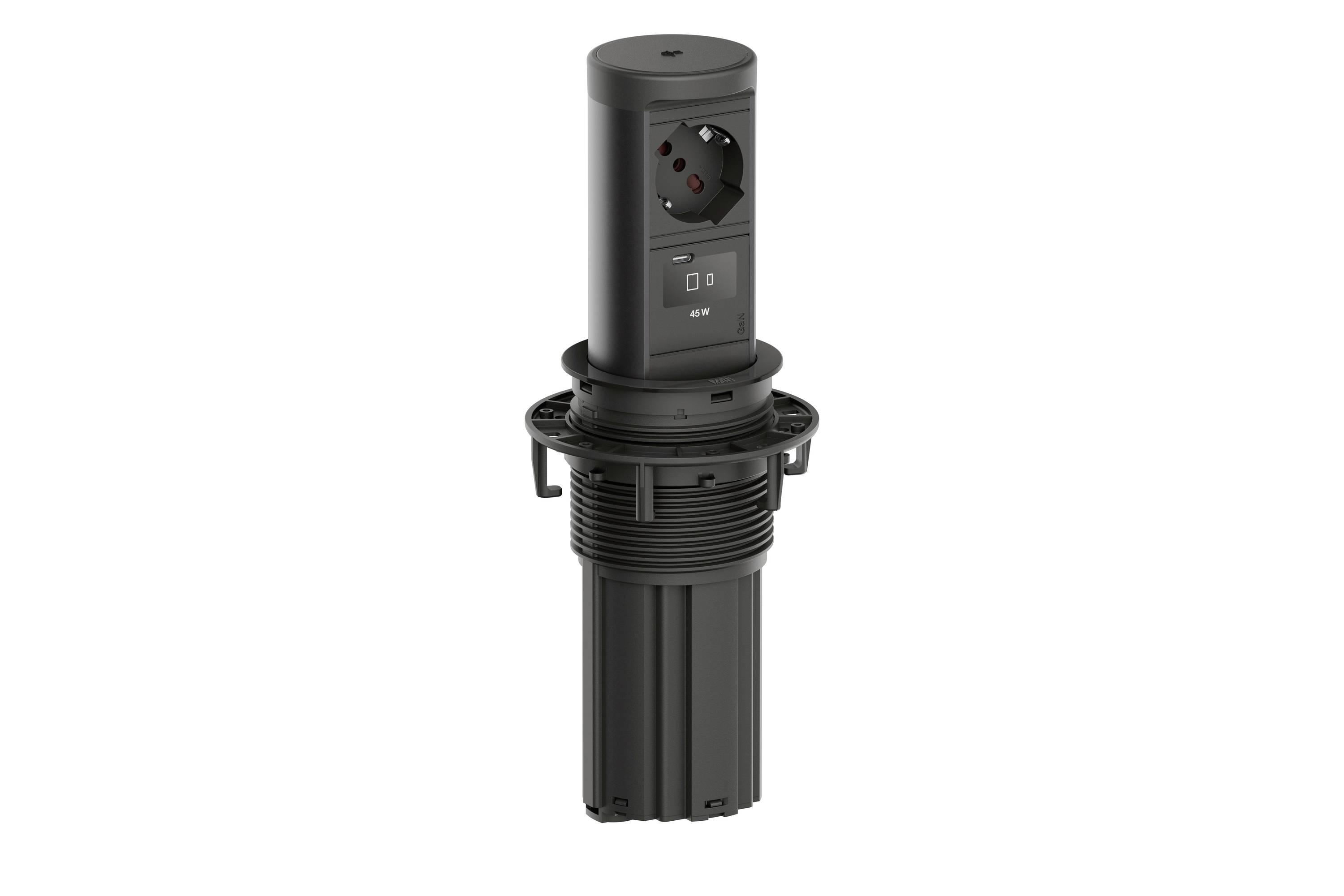 Presa di corrente pop-up cilindrica nera con presa integrata e porte USB, mostrata su sfondo bianco.