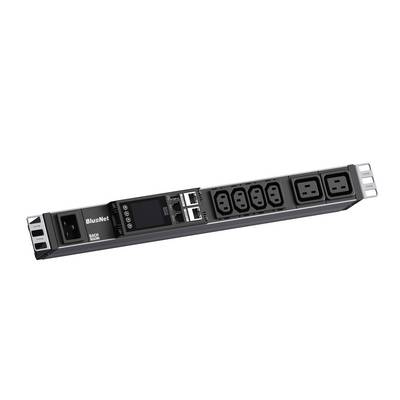 Unità di distribuzione dell'energia BluNet montata su rack con display, porte di rete e multiple prese AC su un lungo pannello frontale nero.
