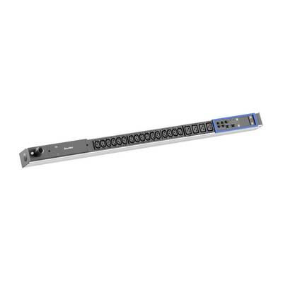 Unità di distribuzione dell'energia in formato rack, di colore nero e argento, con molteplici prese e un pannello di controllo illuminato di blu sull'estremità destra.