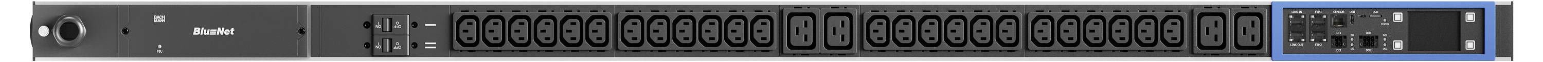 Pannello frontale di un dispositivo Blackwell montato su rack con più porte Ethernet, spie luminose di stato e due alloggiamenti moduli illuminati in blu sul lato destro.