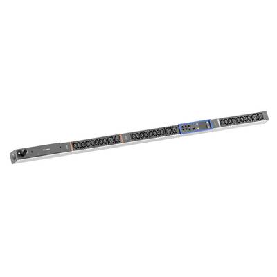 Un'unità di distribuzione dell'energia montabile a rack con molteplici prese, LED di stato e una sezione di controllo/visualizzazione evidenziata in blu su sfondo bianco.