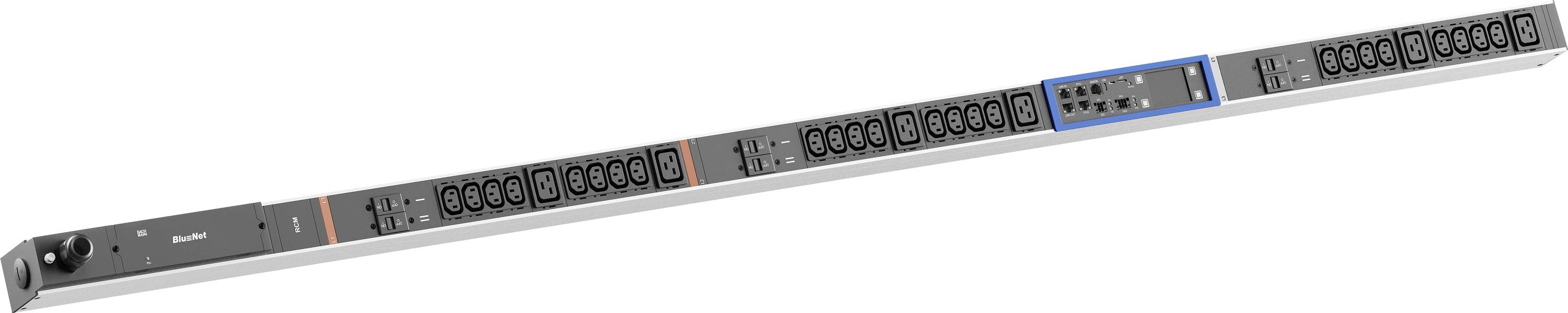 Pannello frontale di uno switch di rete montato in rack con multiple porte Ethernet e LED di stato, con una sezione porta evidenziata vicino all'estremità destra.
