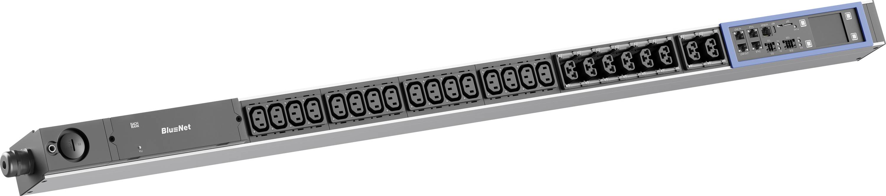 Unità di distribuzione dell'energia con montaggio a rack con più prese e display digitale, mostrata da una prospettiva angolata su sfondo bianco.