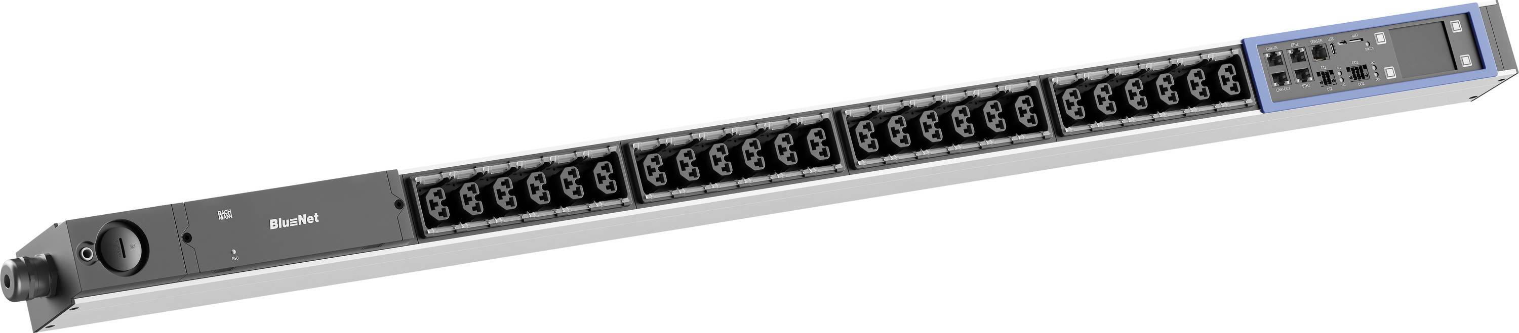 Un'unità di distribuzione dell'energia montata su rack di colore nero con molte prese e un pannello di controllo/display digitale blu all'estremità destra.