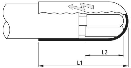 Disegno tecnico di un dispositivo cilindrico con coperchio, con frecce che indicano il flusso d'aria o il movimento, con dimensioni etichettate L1 e L2 lungo la base.