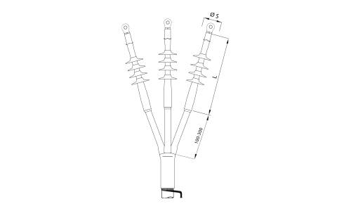 Disegno tecnico di una terminazione di cavo elettrico trifase con tre connettori isolati verticali, che mostra dimensioni e angoli.