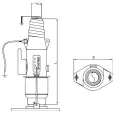 Disegno tecnico di un'assemblea isolante elettrica con corpo cilindrico alto, conduttore di messa a terra, base di montaggio e vista frontale che mostra la larghezza B.