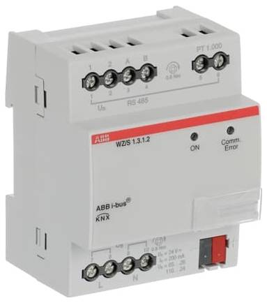 Modulo elettrico ABB i-bus KNX WZ/S 1.3.1.2 con viti di collegamento, indicatori ON e Comm. Error, e un interruttore rosso sul frontale.