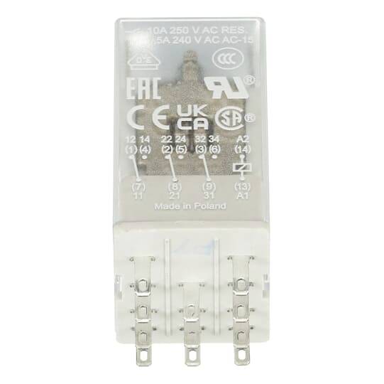 Modulo relè elettrico bianco etichettato 10A 250V AC con schema di cablaggio e tre terminali metallici.