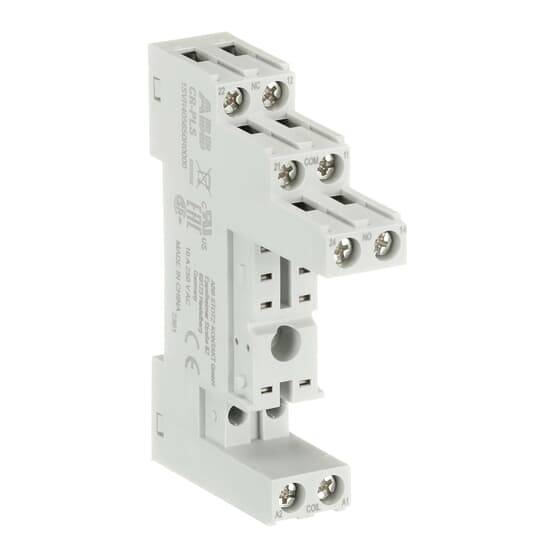 Basetta per relè elettrico bianca con socket/terminale con molteplici morsetti a vite e staffa di montaggio, mostrata isolata su sfondo bianco.