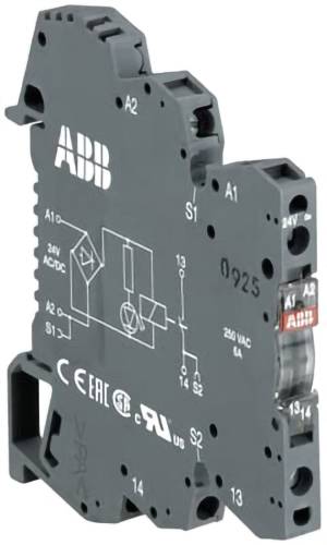 Modulo relè ABB per guida DIN con schema di cablaggio stampato e morsetti etichettati A1, A2, S1, S2, 13, 14 e 24V AC/DC.