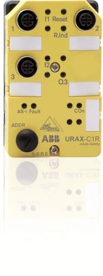 Pannello di dispositivo industriale ABB URAX-C1R di colore giallo con quattro porte circolari, indicatori etichettati e pulsanti, probabilmente un modulo sensore o di controllo.