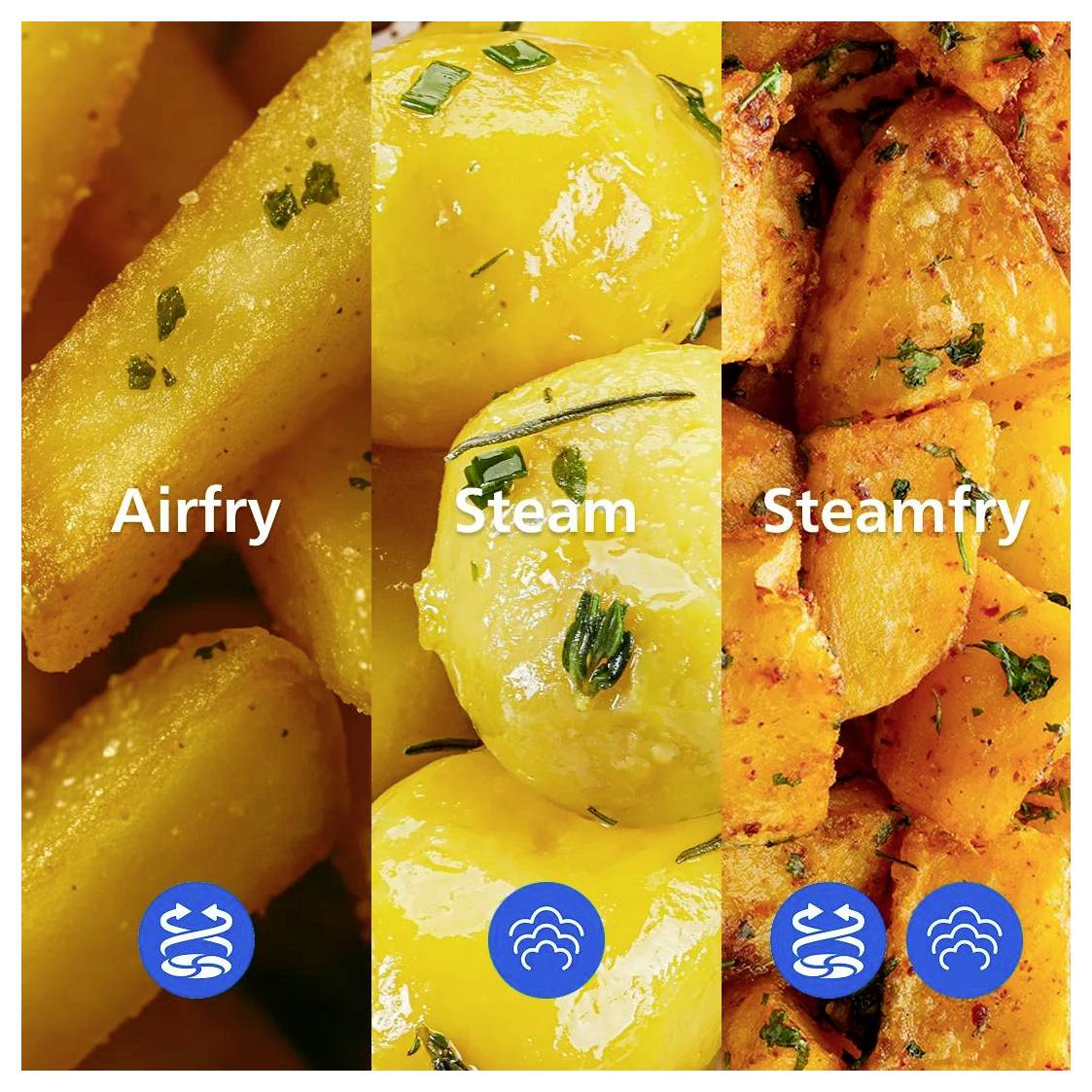 Confronto dei metodi di cottura delle patate: "Friggitrice ad aria", "Vapore" e "Vapore-frittura", mostrati con patate condite in primo piano e icone dei metodi.