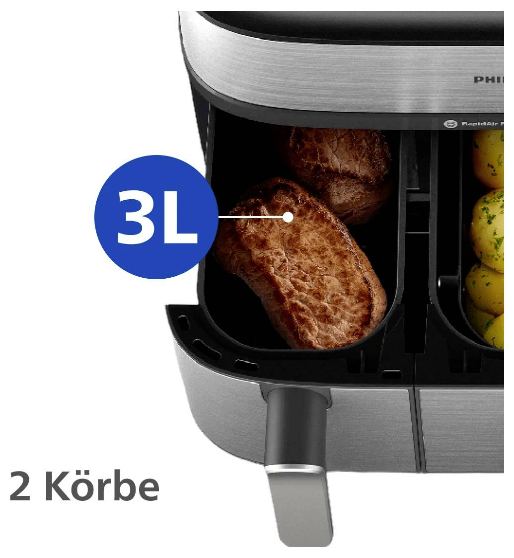 Cassetto friggitrice ad aria con due cestelli, etichettati "3L" e "2 Körbe" (2 cestelli), che mostrano cibo all'interno di ogni scomparto.