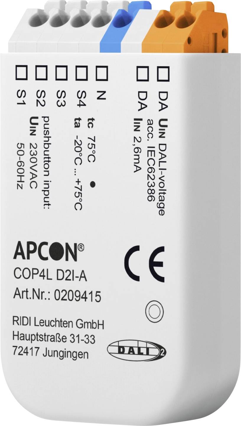 Primo piano di un modulo di controllo APCON COP4L D2I-A DALI-2 con etichette dei morsetti, valori nominali di tensione/corrente e marcatura CE.