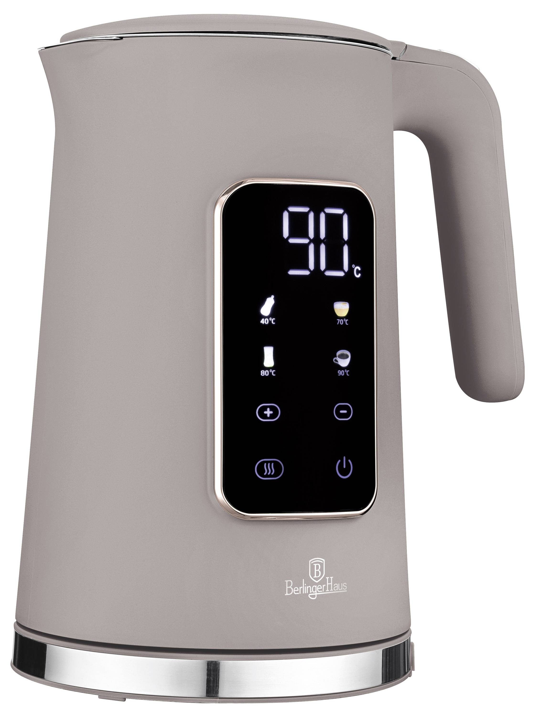 Bollitore elettrico color talpa con display digitale che mostra 90°C e controlli tattili per le impostazioni della temperatura.
