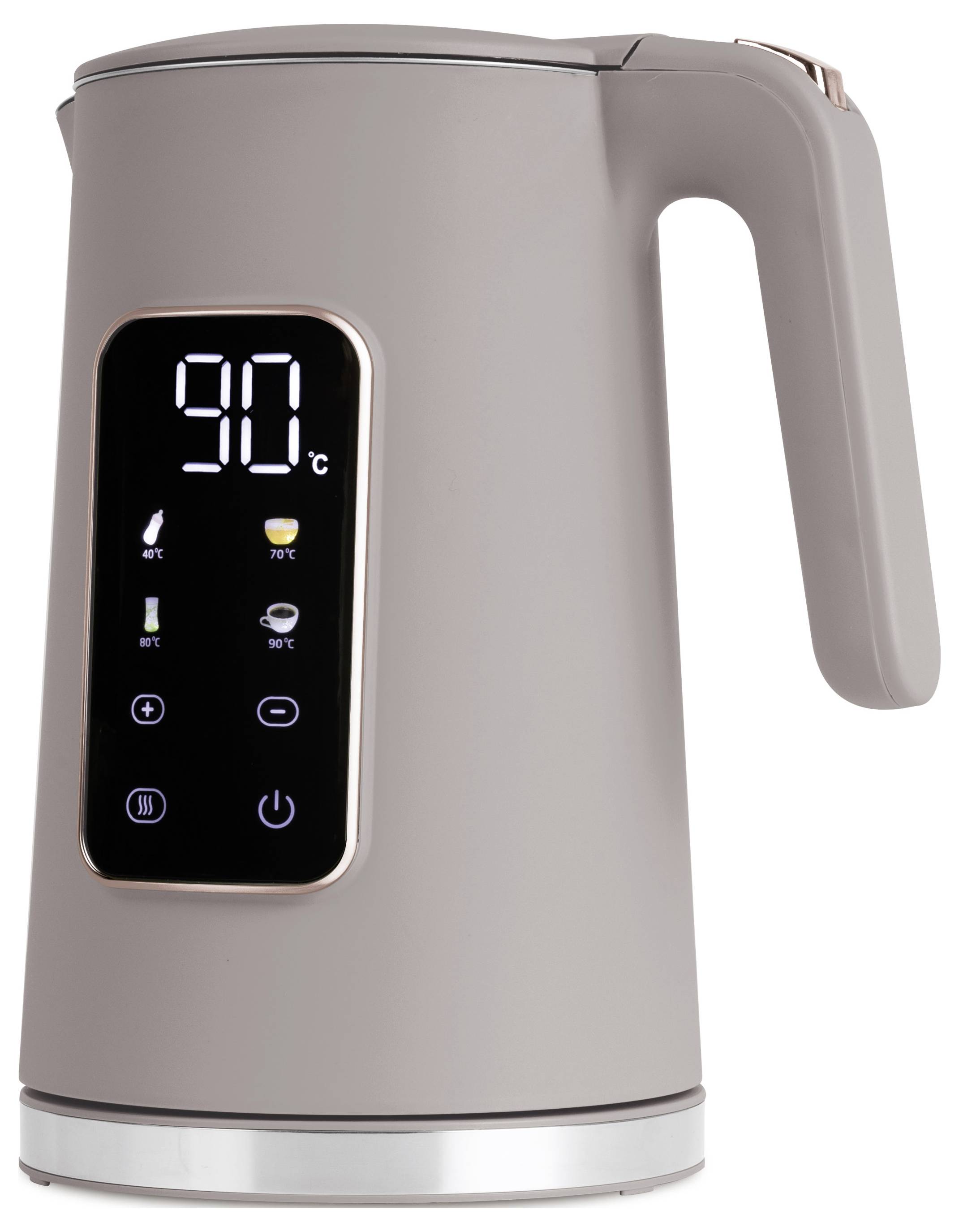 Bollitore elettrico grigio con manico e pannello tattile digitale che mostra 90°C e icone di temperatura preimpostate.