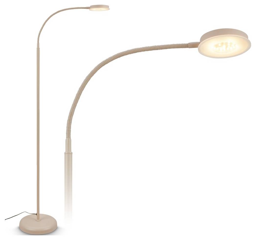 Due lampade da terra beige moderne: una alta con braccio curvo e piccola luce superiore, l'altra con collo d'oca flessibile e testa ovale luminosa.