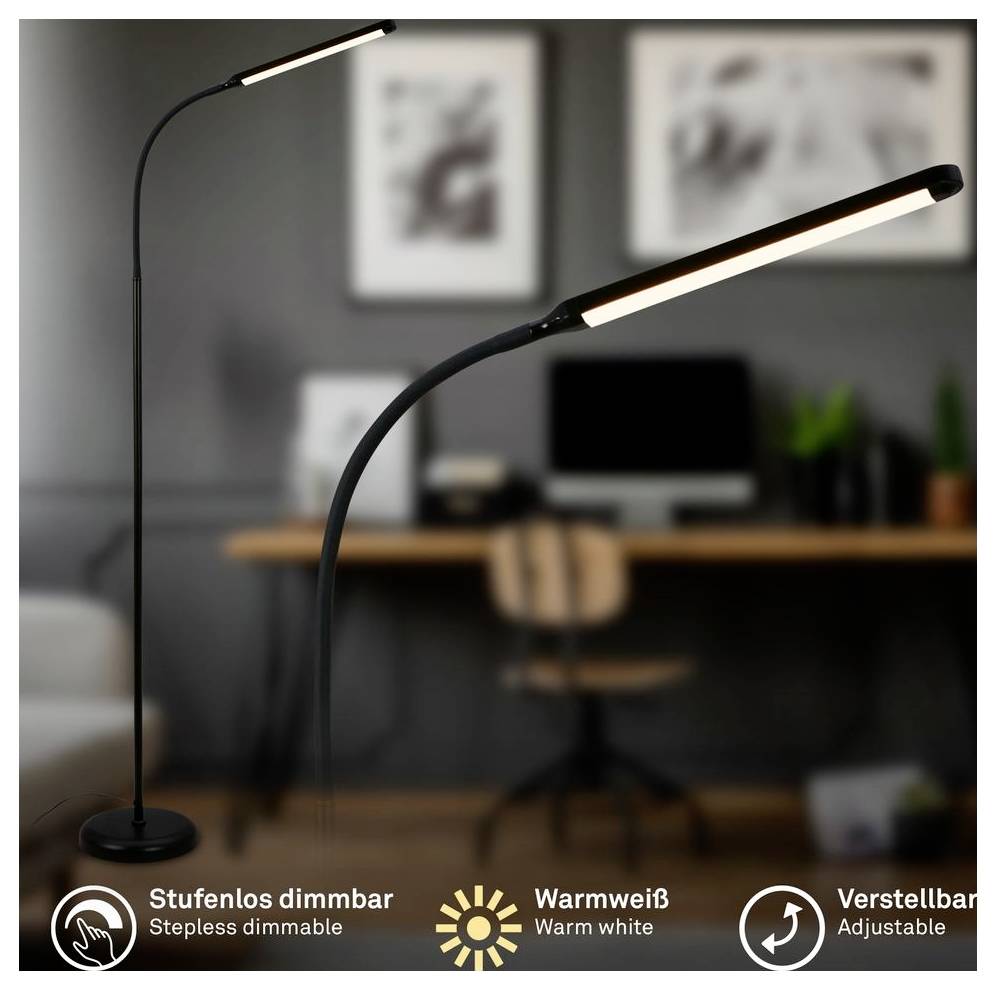 Due lampade da terra LED regolabili e eleganti in uno sfocato ufficio domestico, che mostrano caratteristiche dimmerabili, bianco caldo e regolabili.
