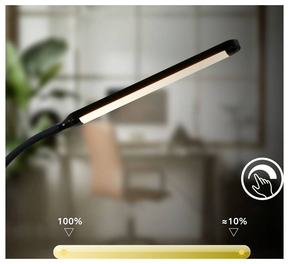 Lampada da scrivania dimmerabile accesa al 100%; un'interfaccia grafica a cursore mostra la luminosità ridotta a circa il 10%.