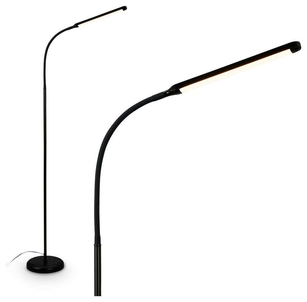 Lampada da terra minimalista nera con stelo curvo sottile e barra luminosa orizzontale, mostrata a figura intera e in primo piano su sfondo bianco.