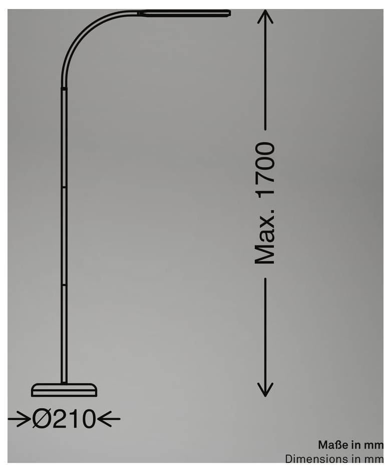 Disegno tecnico di una lampada da terra curva o tubo con base, etichettato con altezza massima 1700 mm e diametro della base Ø210 mm.