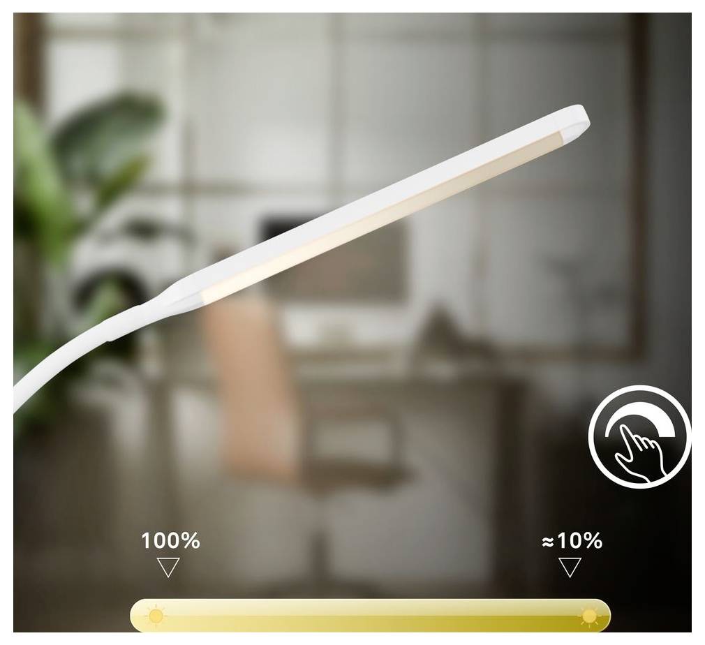 Lampada da scrivania LED bianca sottile con dimmer tattile, mostrata al 100% di luminosità a sinistra e circa al 10% a destra utilizzando un controllo a scorrimento.
