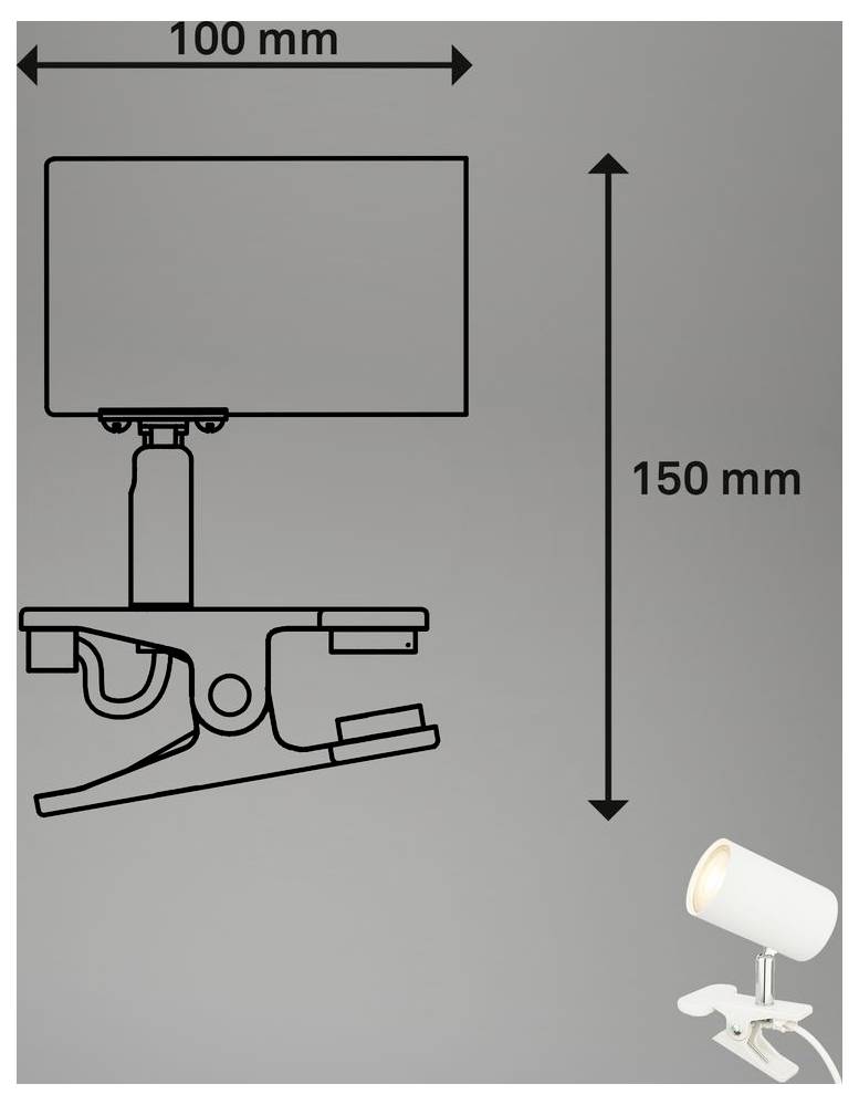Diagramma di una lampada a pinza che mostra la dimensione massima: 100 mm di larghezza e 150 mm di altezza.