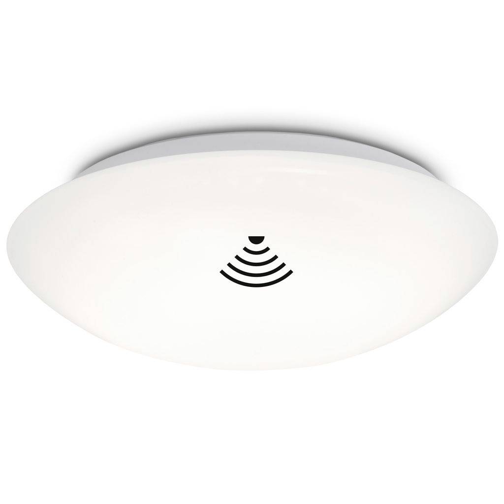 Luce da soffitto rotonda bianca con un'icona di segnale wireless centrale, che suggerisce un rilevatore di fumo intelligente o un dispositivo sensore.