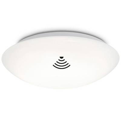 Luce da soffitto rotonda bianca con un'icona di segnale wireless centrale, che suggerisce un rilevatore di fumo intelligente o un dispositivo sensore.