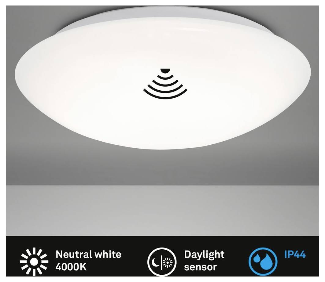 Plafoniera rotonda con sensore di luce diurna, etichettata Bianco neutro 4000K e IP44.