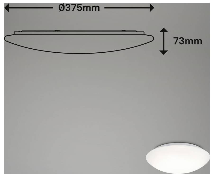 Diagramma delle dimensioni della lampada da soffitto che mostra un apparecchio rotondo, largo 375 mm e alto 73 mm, con profilo laterale e vista di installazione.