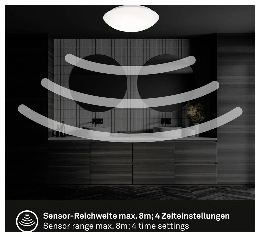 Grafico di una luce sensore che mostra le zone di rilevamento e il testo "Portata sensore max. 8m; 4 impostazioni di tempo" in tedesco e inglese.