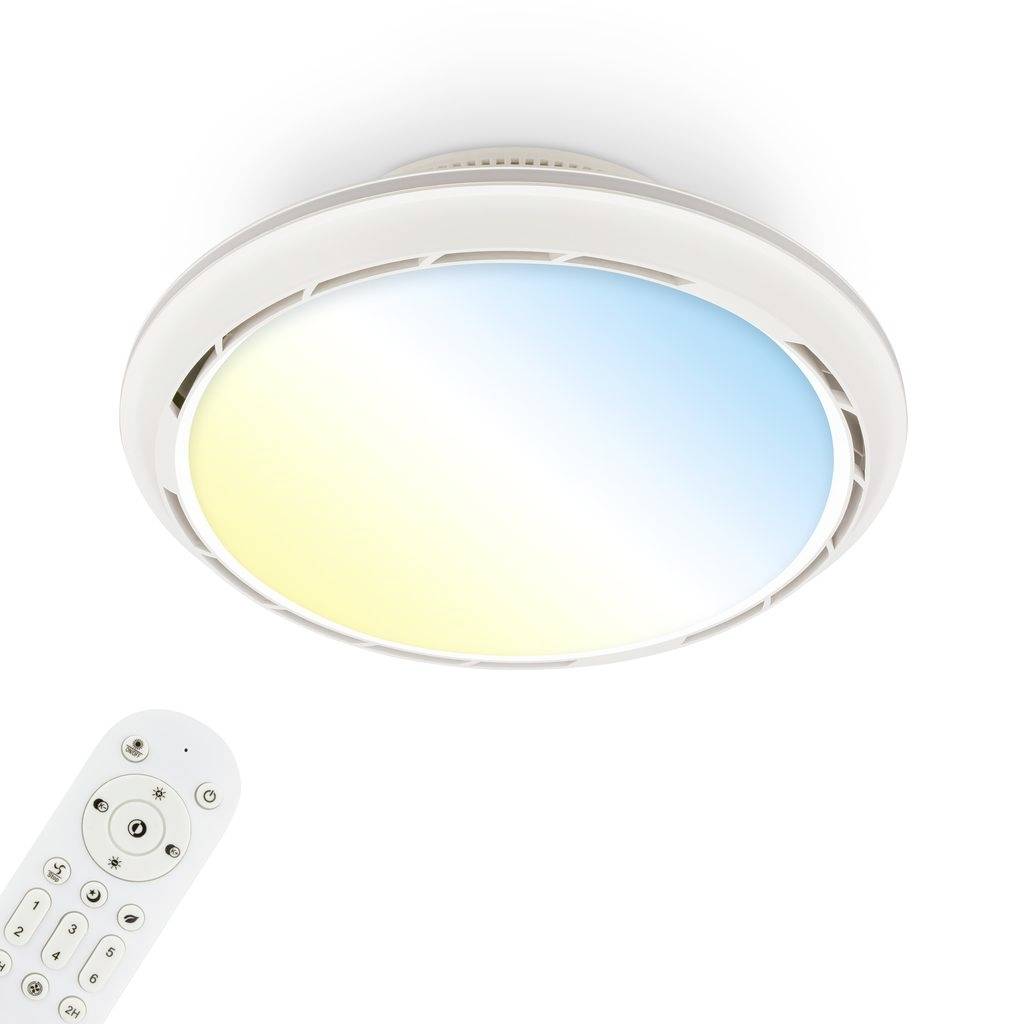 Luce da soffitto rotonda con bagliore blu-bianco-giallo e un piccolo telecomando sottostante, che suggerisce impostazioni di illuminazione regolabili.