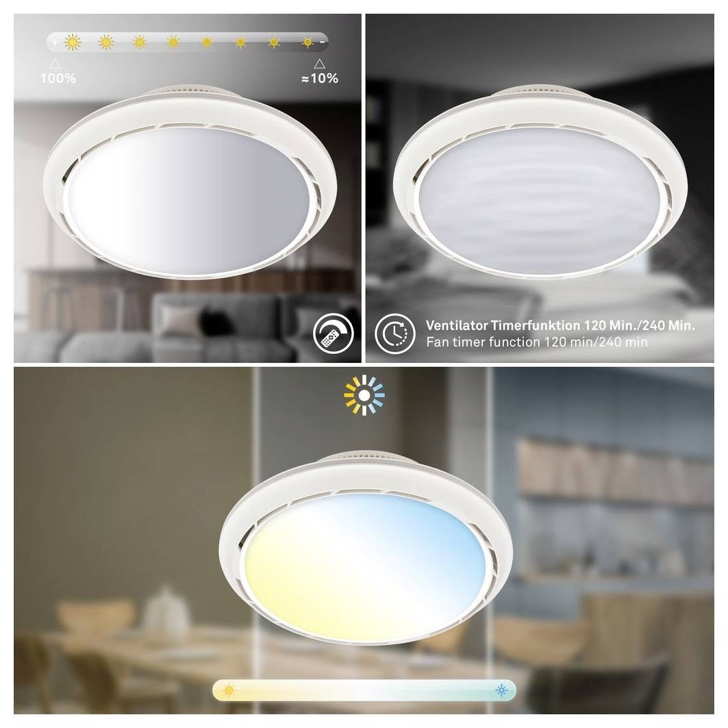 Grafica promozionale di una lampada da soffitto rotonda con illuminazione bianca regolabile, attenuata e colorata, che mostra la luminosità dal 100% al 10% e una funzione timer per ventilatore di 120/240 minuti.
