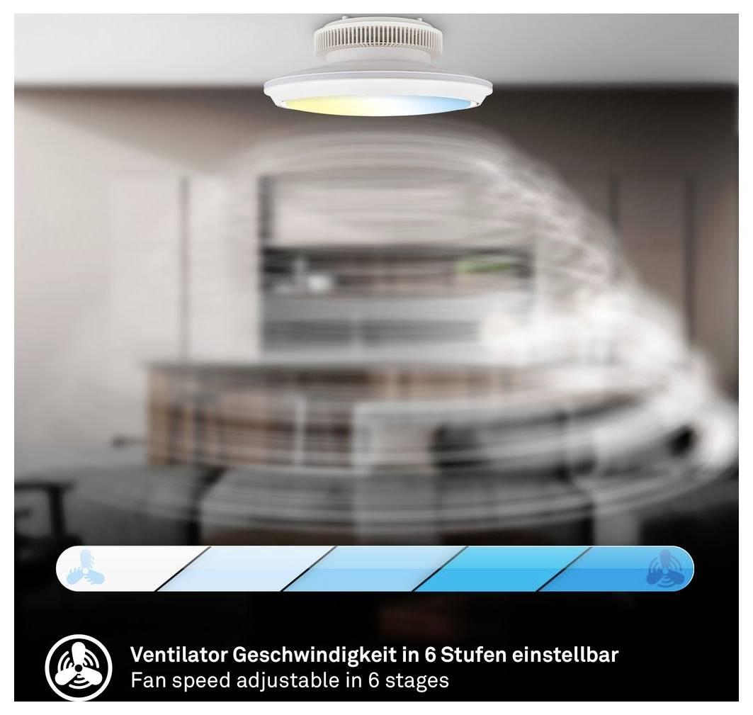Ventilatore da soffitto con flusso d'aria sfocato, che mostra sei stadi di velocità del ventilatore regolabili su un cursore blu e testo bilingue tedesco-inglese.