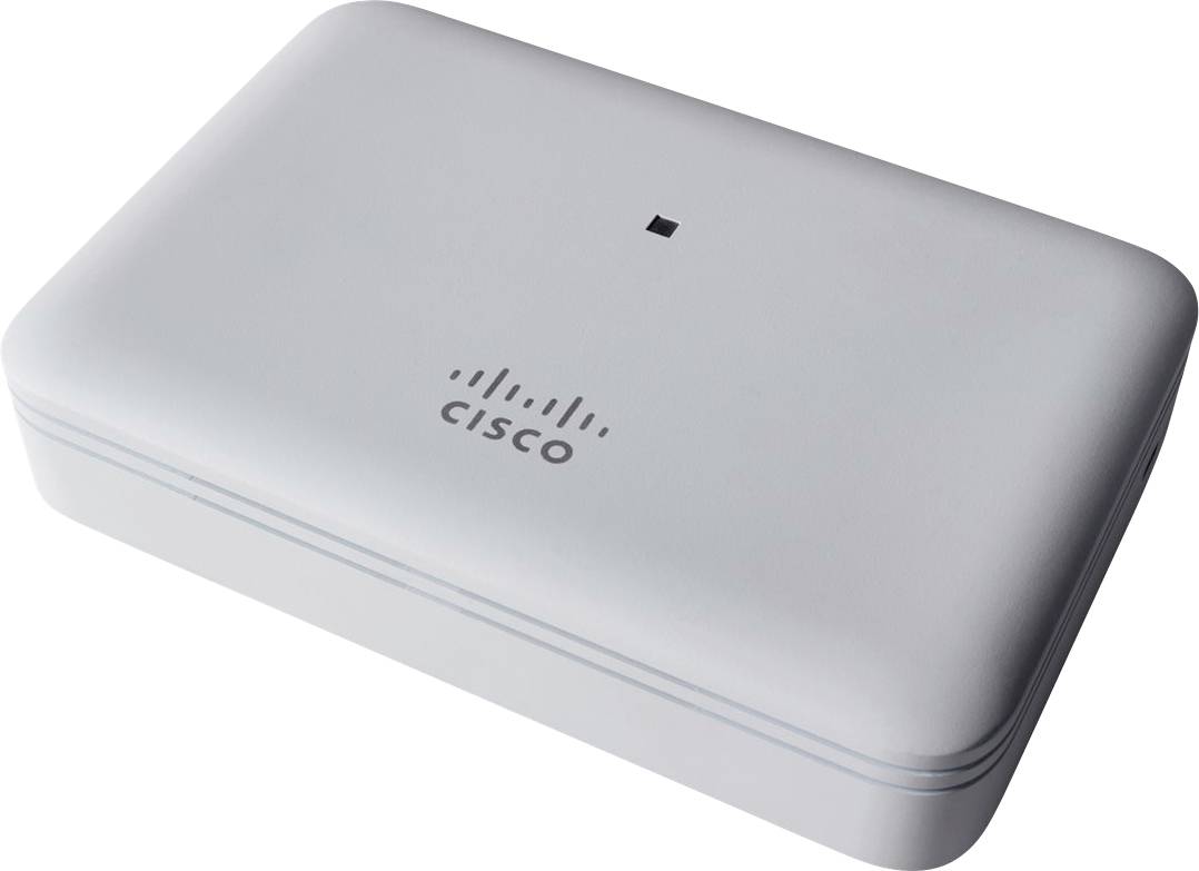 Primo piano di un dispositivo di rete Cisco bianco o di un router con una piccola spia di stato sulla parte superiore.