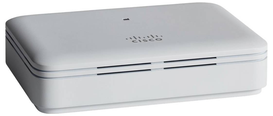 Dispositivo di rete Cisco bianco o router con una piccola spia di stato sulla parte superiore, mostrato su uno sfondo neutro.