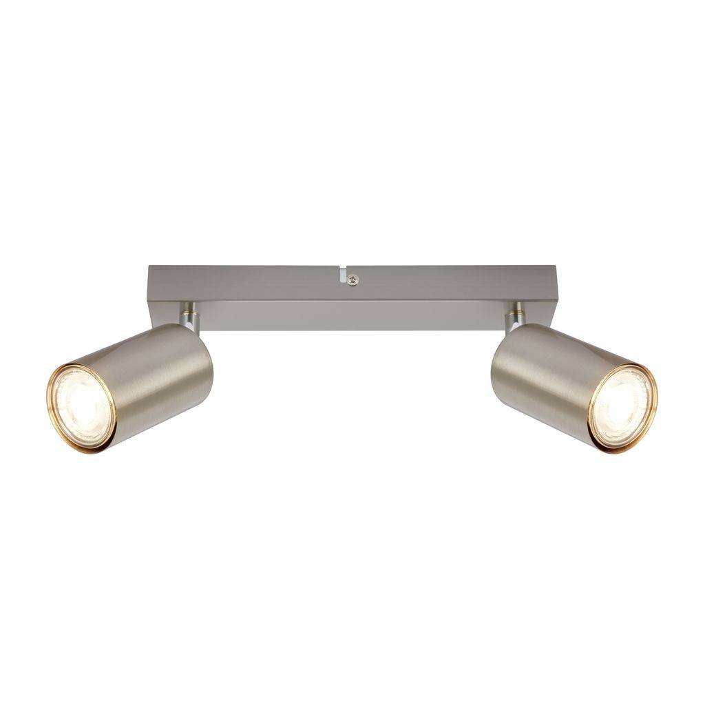 Riflettore moderno da soffitto con due lampade cilindriche regolabili su una staffa metallica rettangolare, entrambi i faretti rivolti verso l'esterno.