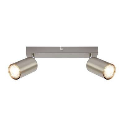 Riflettore moderno da soffitto con due lampade cilindriche regolabili su una staffa metallica rettangolare, entrambi i faretti rivolti verso l'esterno.